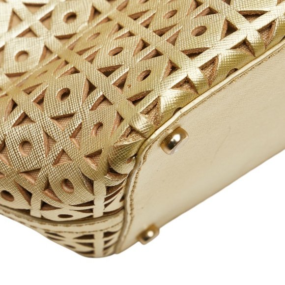 Kate Spade logo punched tote bag, gold leather handbag, women's.